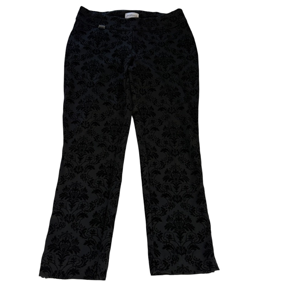 Peck & Peck Damask Velvet Pants Women's Size 12 Black‎ Flocked Party